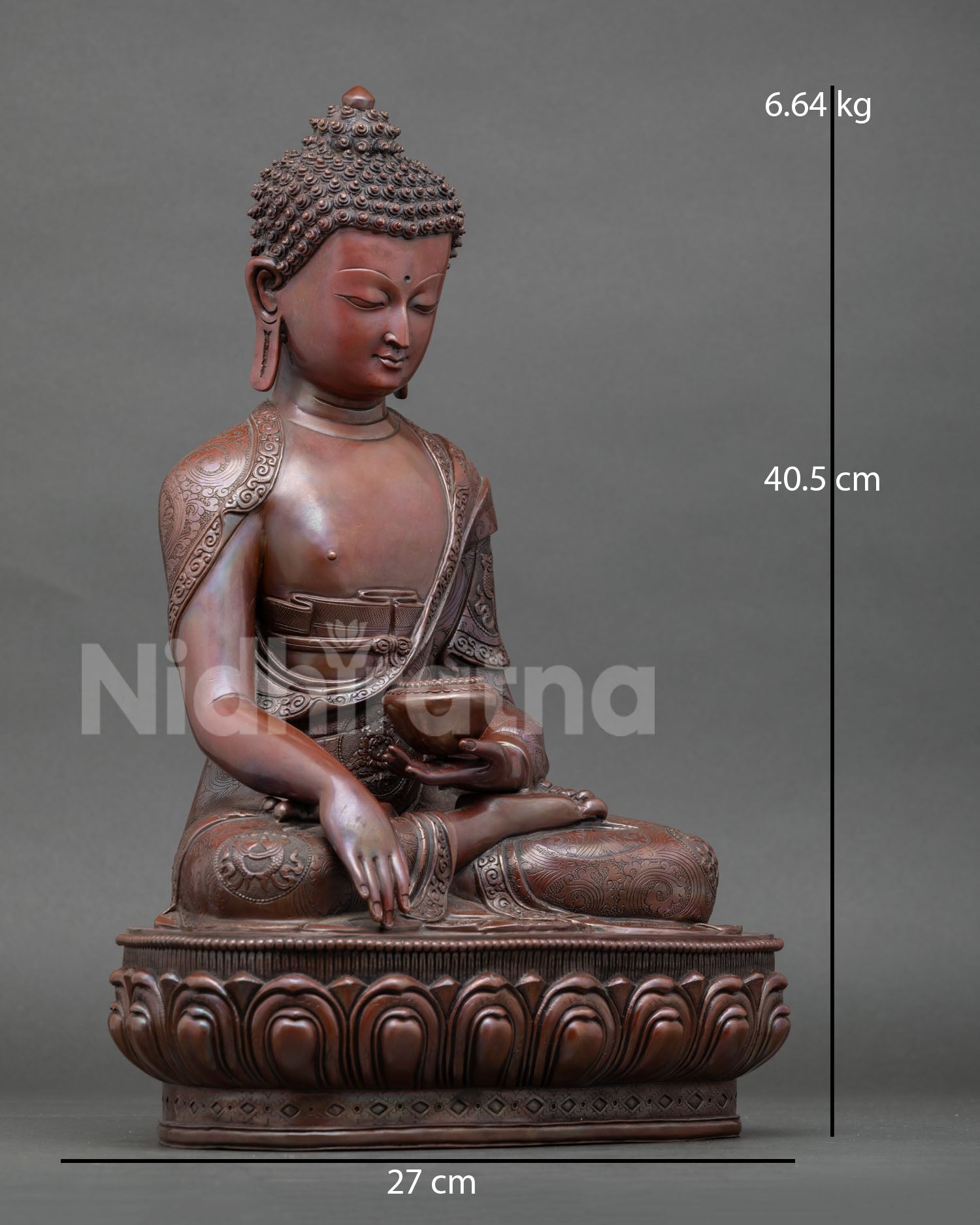 Side view Shakyamuni Buddha in monk robe, Nepal handmade copper statue with lotus throne detailing
