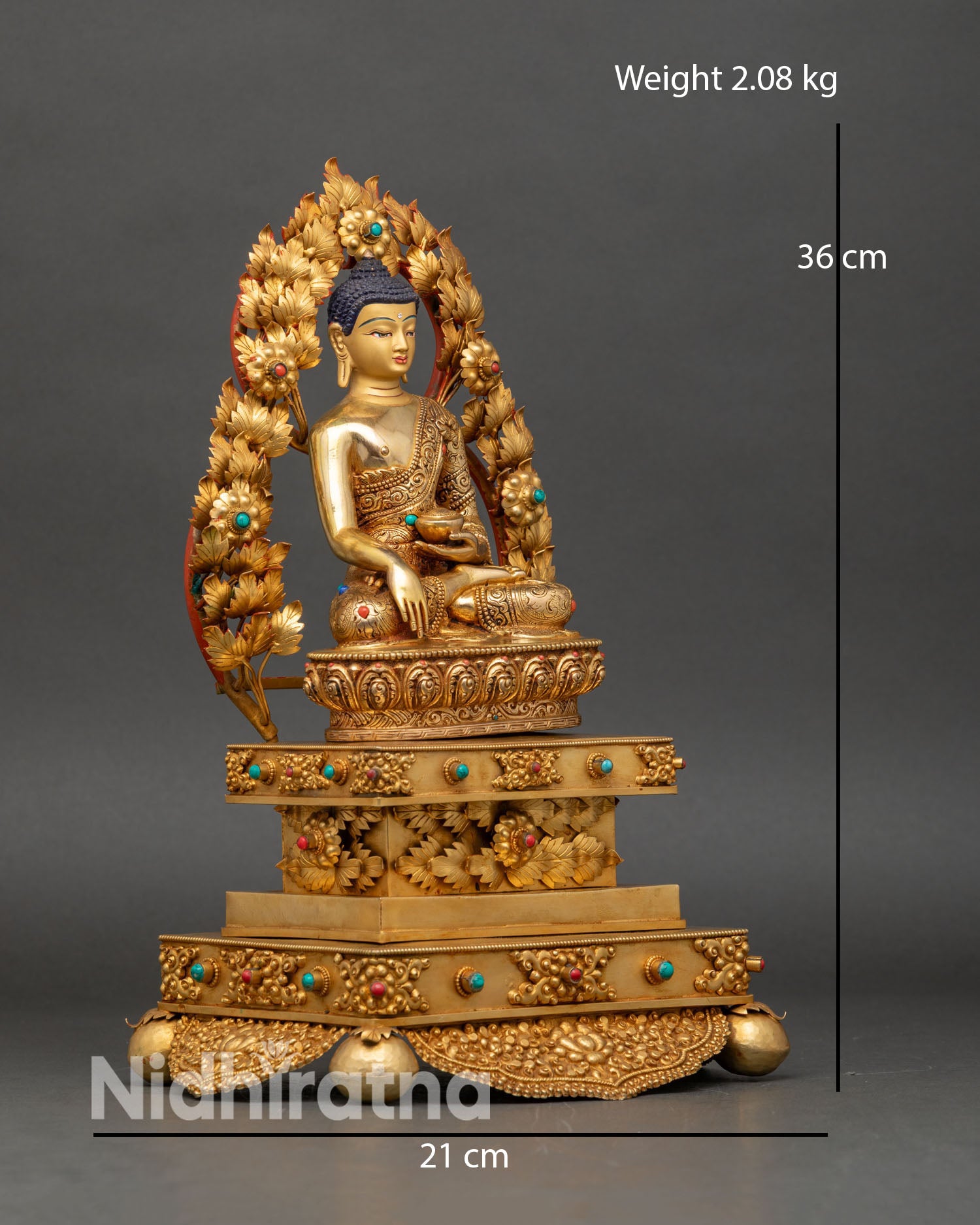 Side view of Shakyamuni Buddha ornate floral throne lotus pedestal jeweled friezes Buddhist art Nepal