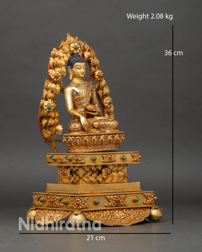 Side view of Shakyamuni Buddha ornate floral throne lotus pedestal jeweled friezes Buddhist art Nepal