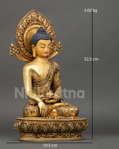 Side view of Shakyamuni Buddha sculpture, tranquil meditation posture, monastic robes, Himalayan Buddhist art 