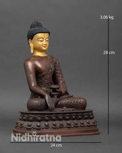 Side view Shakyamuni Buddha seated lotus throne holding patra bowl bhumisparsha mudra copper Buddhist enlightenment sculpture