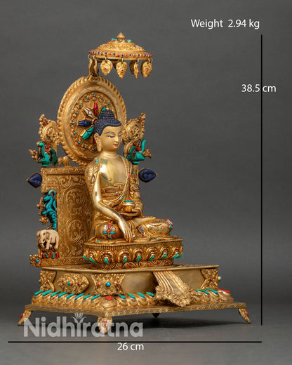 Side view Shakyamuni Buddha seated on elaborate carved throne copper Buddhist sculpture from Nepal