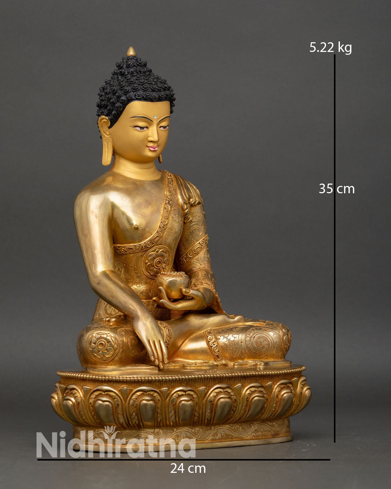 Side view of Shakyamuni Buddha statue Bhumisparsha Mudra begging bowl copper art