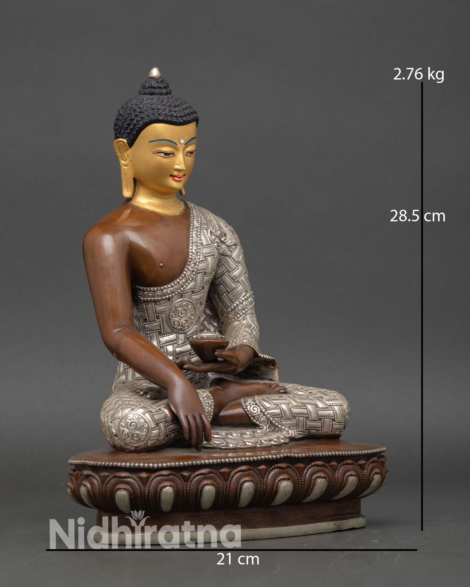 Side view of Shakyamuni Buddha statue , Bhumisparsha Mudra patra bowl copper art