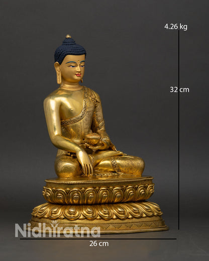 Side view of Shakyamuni Buddha statue copper body gold detailing double lotus base tiered petals Himalayan Buddhist art sculpture