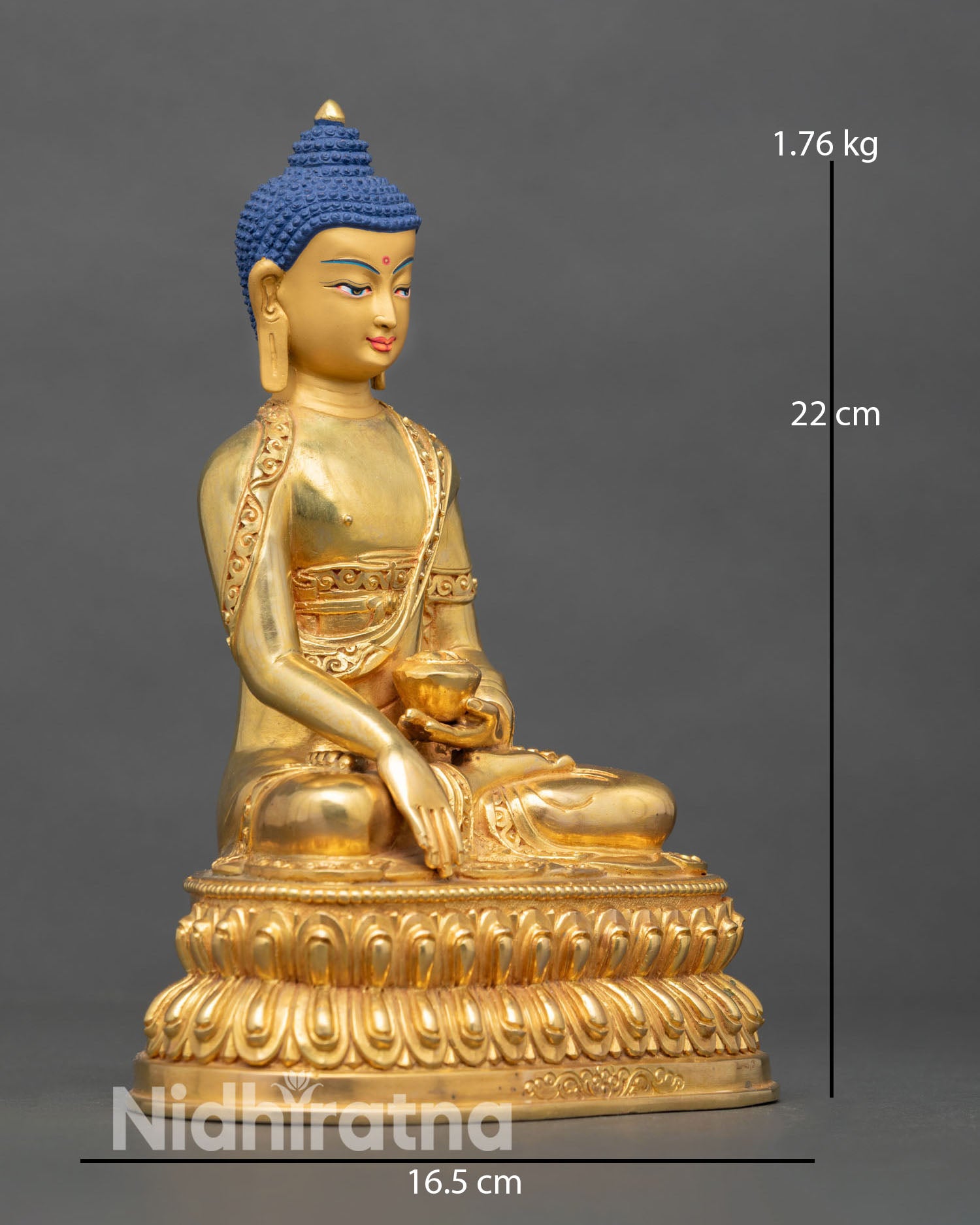 Side view of Shakyamuni Buddha statue, copper lost wax casting double lotus pedestal meditation altar spiritual decor