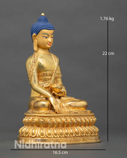 Side view of Shakyamuni Buddha statue, copper lost wax casting double lotus pedestal meditation altar spiritual decor