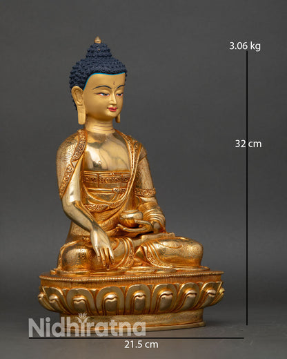 Side view of Shakyamuni Buddha statue, copper robes, high-relief scrollwork, foliate patterns