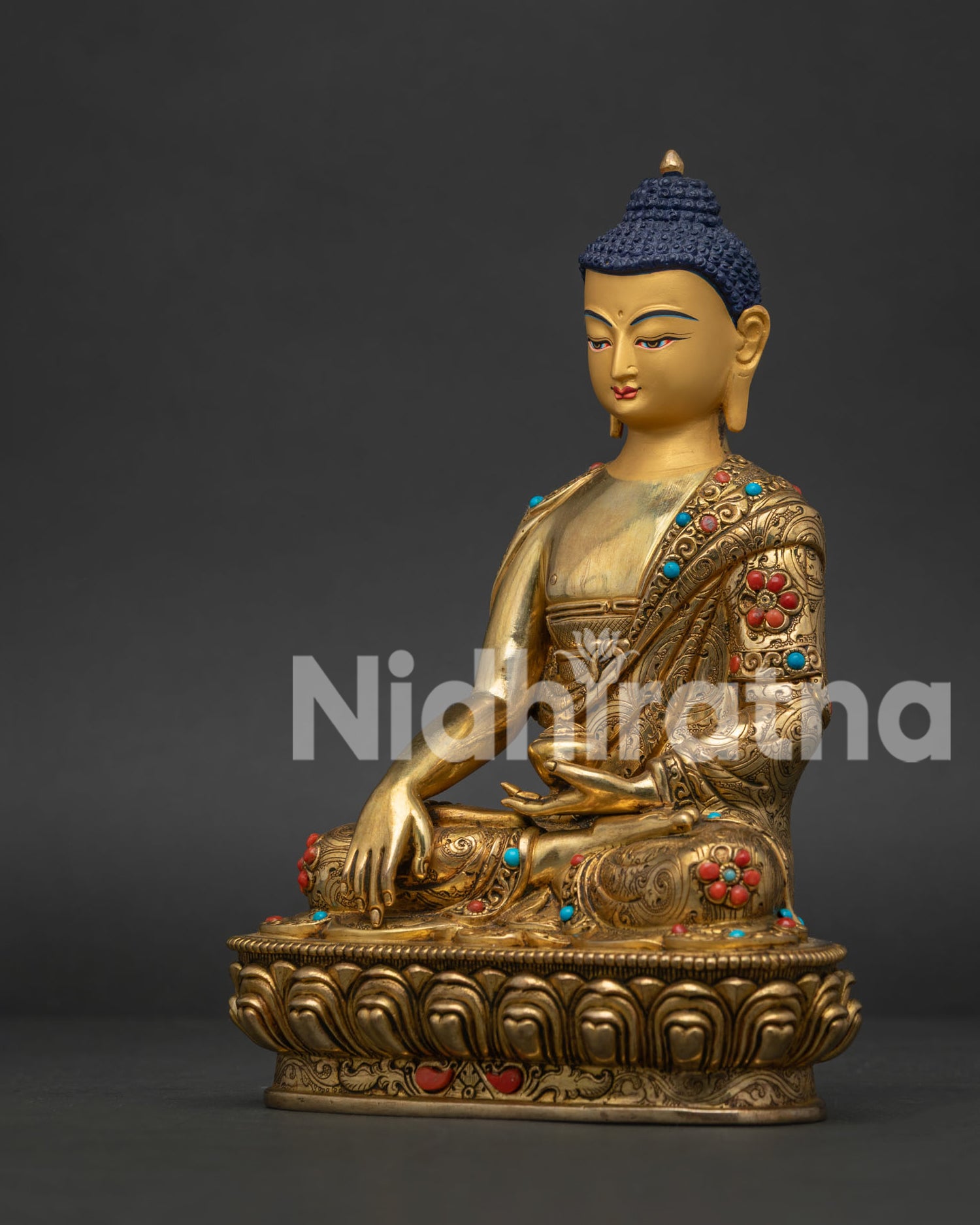 Side View Shakyamuni Buddha Statue Earth Touching Gesture with Begging Bowl.