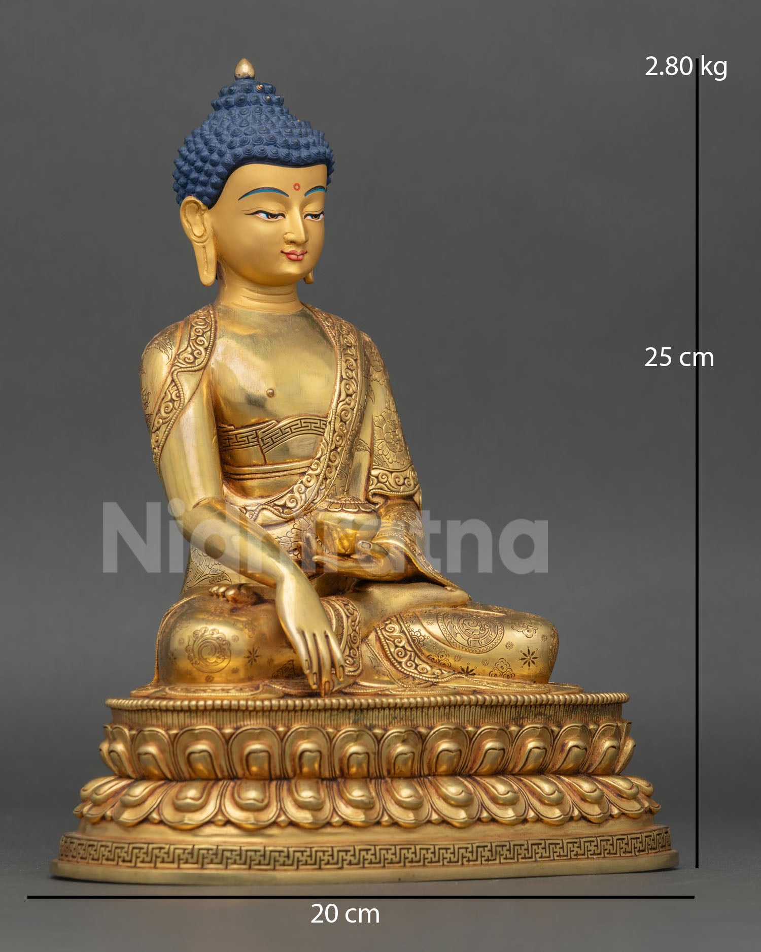 Side view of Shakyamuni Buddha statue flowing robes floral motifs detailed Himalayan Buddhist art copper gold gilded meditation room decor