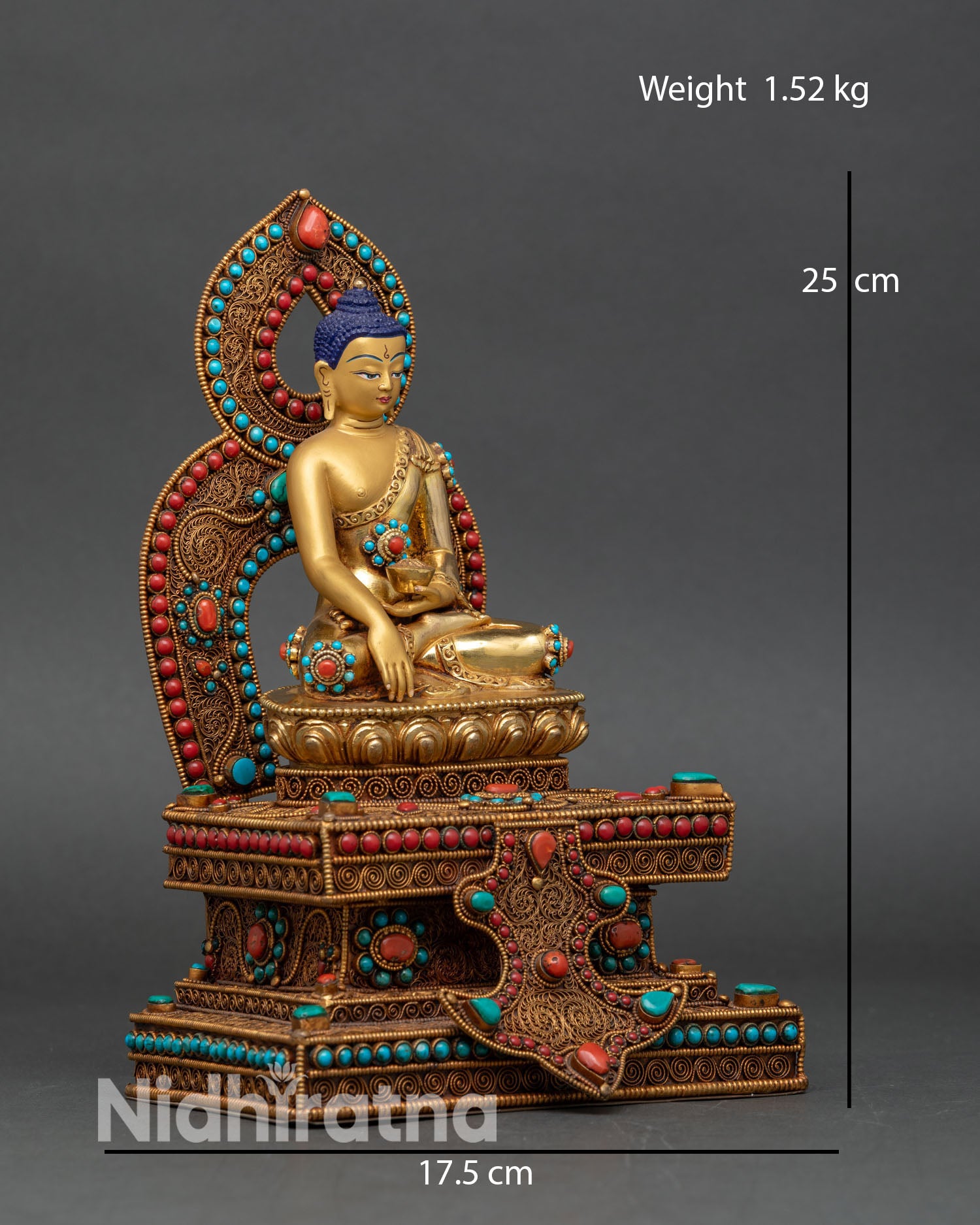 Side view of Shakyamuni Buddha statue lotus pedestal Bhumisparsha mudra begging bowl copper Himalayan altar statue with ornate repoussé work