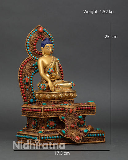 Side view of Shakyamuni Buddha statue lotus pedestal Bhumisparsha mudra begging bowl copper Himalayan altar statue with ornate repoussé work