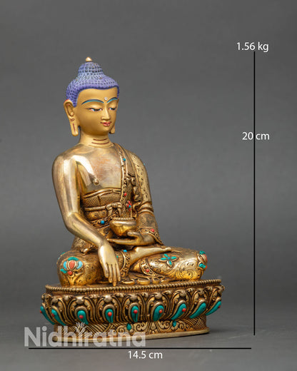 Side view of Shakyamuni Buddha statue lotus pedestal hand-set stones meditation decor
