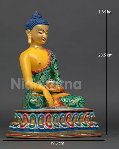 Side view of Shakyamuni Buddha statue seated on lotus pedestal holding begging bowl with flowing robes and traditional Nepalese copper craftsmanship