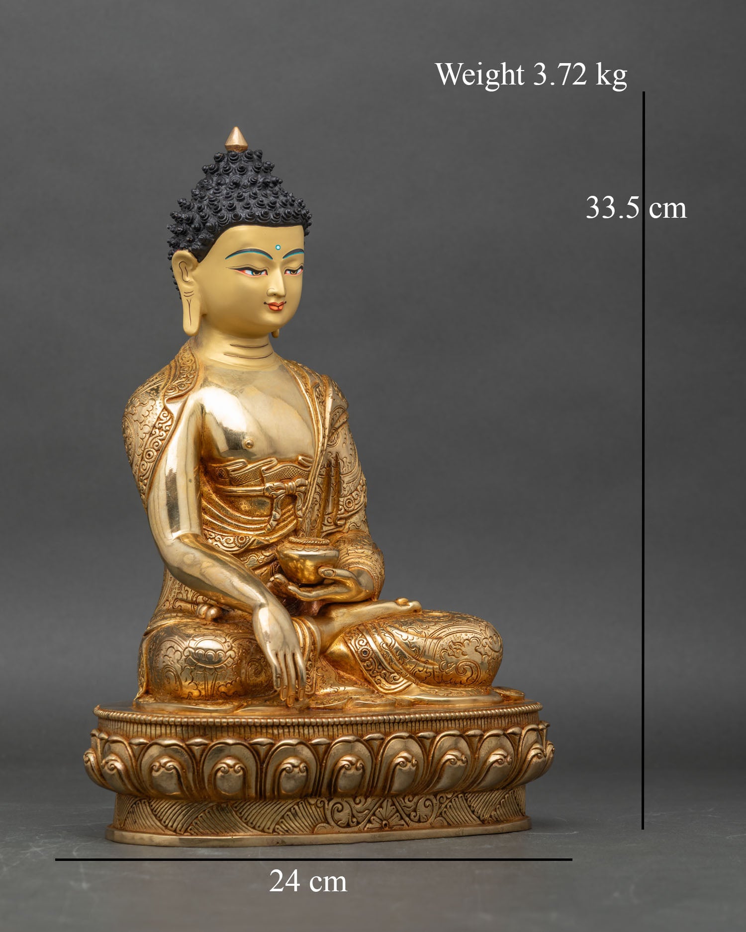 Side view of Shakyamuni Buddha statue with intricate carvings and premium copper body