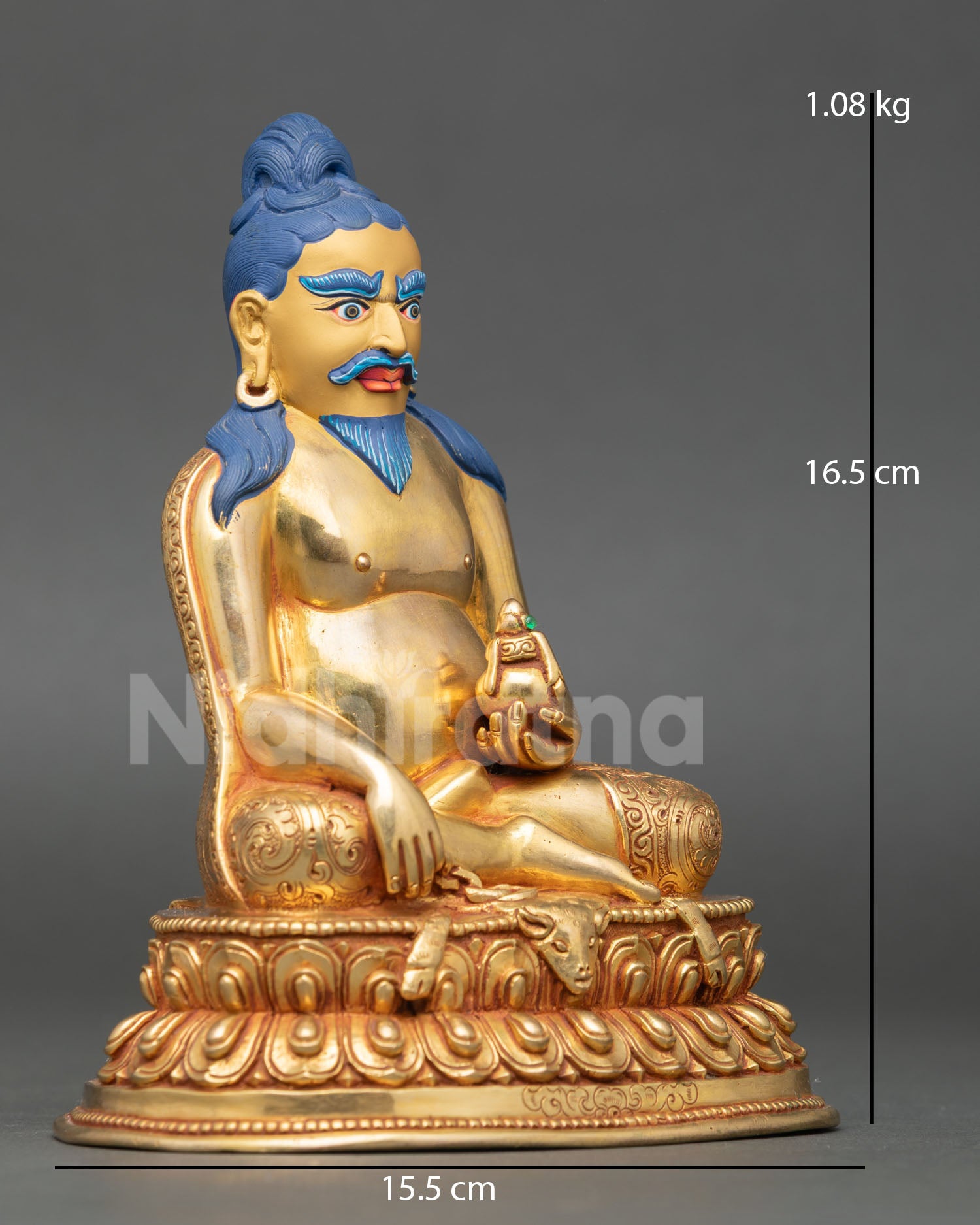 Side view of Thangtong Gyalpo statue seated lotus throne striped deer skin ritual vase symbol bridge builder yogi healer Tibetan saint copper art