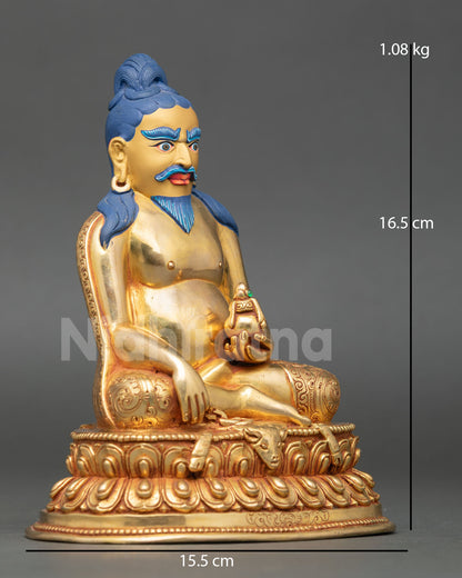 Side view of Thangtong Gyalpo statue seated lotus throne striped deer skin ritual vase symbol bridge builder yogi healer Tibetan saint copper art