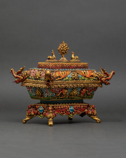 Side view Tibetan incense burner with mythical creatures and auspicious symbols