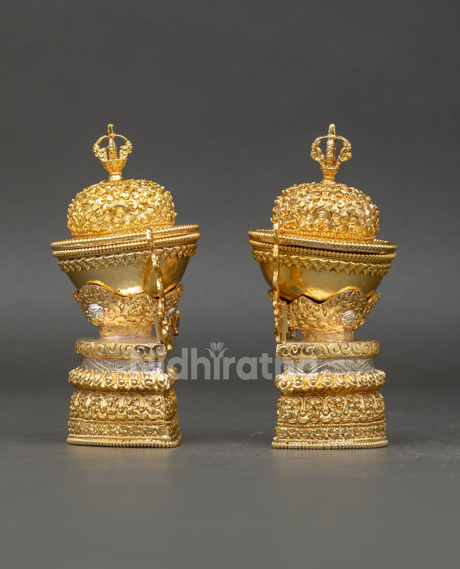 Side view Tibetan Kapala ritual set displaying dual structure copper base ornamented detailing and traditional Buddhist tantric altar offering vessel craftsmanship