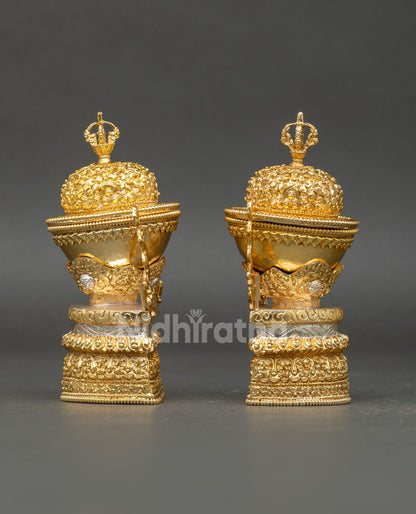 Side view Tibetan Kapala ritual set displaying dual structure copper base ornamented detailing and traditional Buddhist tantric altar offering vessel craftsmanship