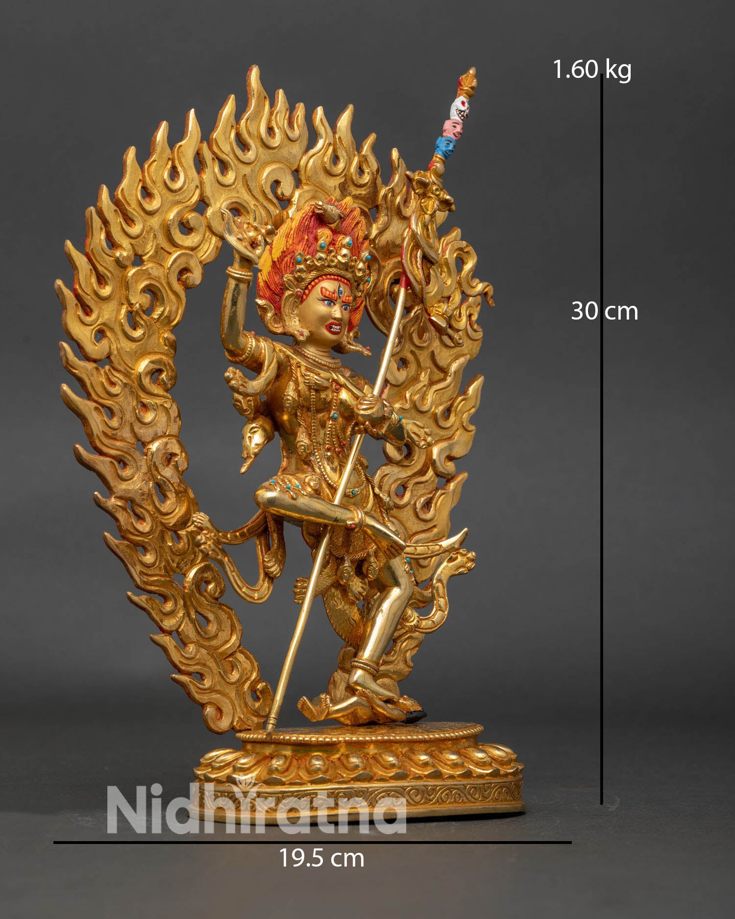 Side view Troma Nangmo statue, holding kartika and skull cup, transformative spiritual statue