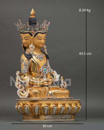 Side view of Vairocana Buddha statue intricate robes floral motifs silver plated details Kathmandu Valley craftsmanship meditation decor