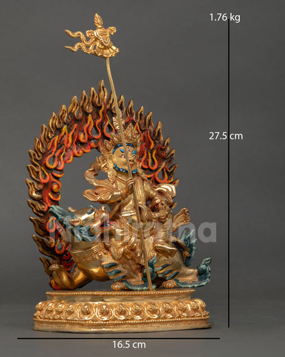 Side view of Vaishravana Namtoshe wrathful guardian form gold detailing Himalayan Buddhist protector statue artwork