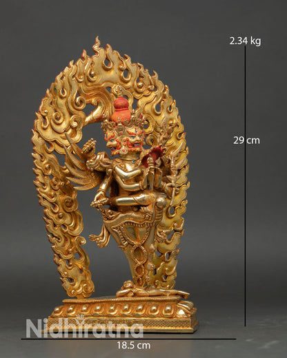 Side view of Vajrakilaya statue, dynamic posture flaming halo, Tibetan Buddhist protector ritual meditation space decor