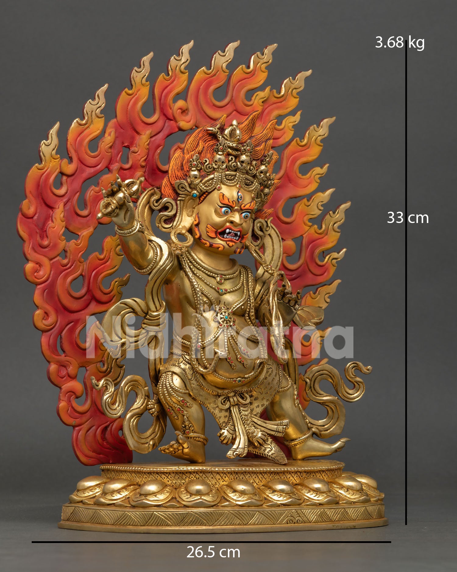 Side view of Vajrapani standing on lotus seat holding vajra and lasso in dynamic posture Himalayan Buddhist sculpture art