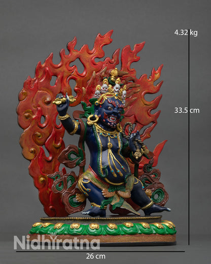 Side view Vajrapani statue dynamic posture holding vajra, handcrafted Buddhist art