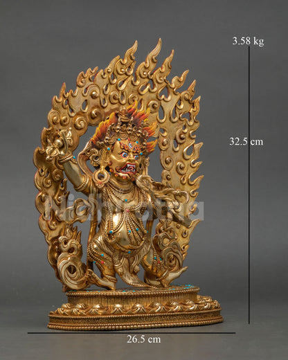 Side view Vajrapani statue standing on lotus pedestal holding vajra and lasso with ornate Buddhist details