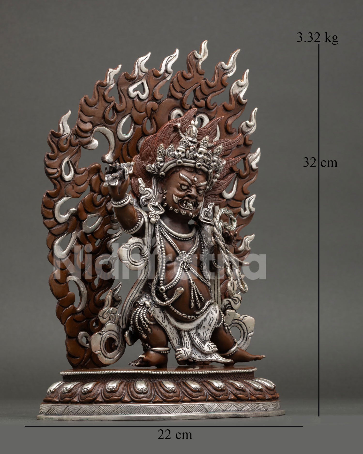 Side view of Vajrapani wrathful statue dynamic posture copper body silver plated details sacred Dharma protector meditation altar sculpture Nepal