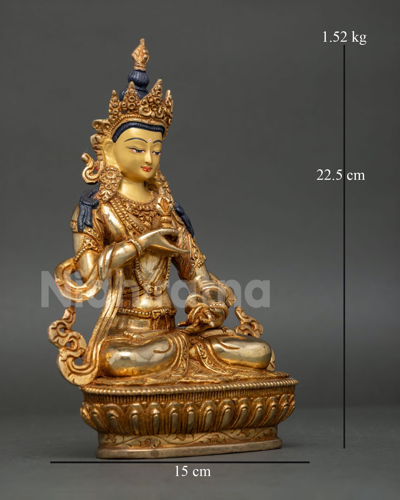 Side view of Vajrasattva statue, copper body seated on lotus base, Himalayan Buddhist purification deity sculpture 