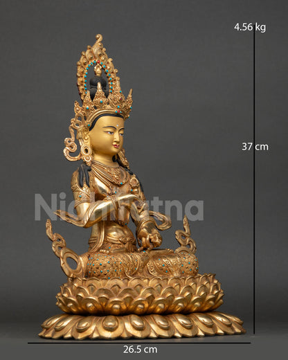 Side view of Vajrasattva statue fire gilded copper body lotus throne intricate carving Tibetan Buddhist art spiritual purification and altar decor