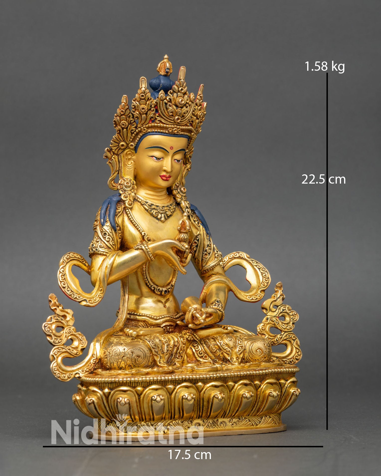 Side view of Vajrasattva statue, handcrafted by Nepali artisans, face gold-painted copper