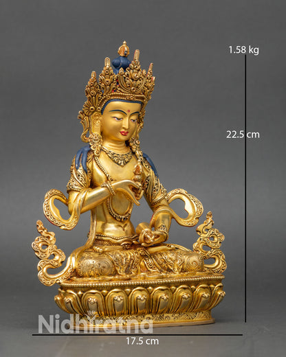 Side view of Vajrasattva statue, handcrafted by Nepali artisans, face gold-painted copper