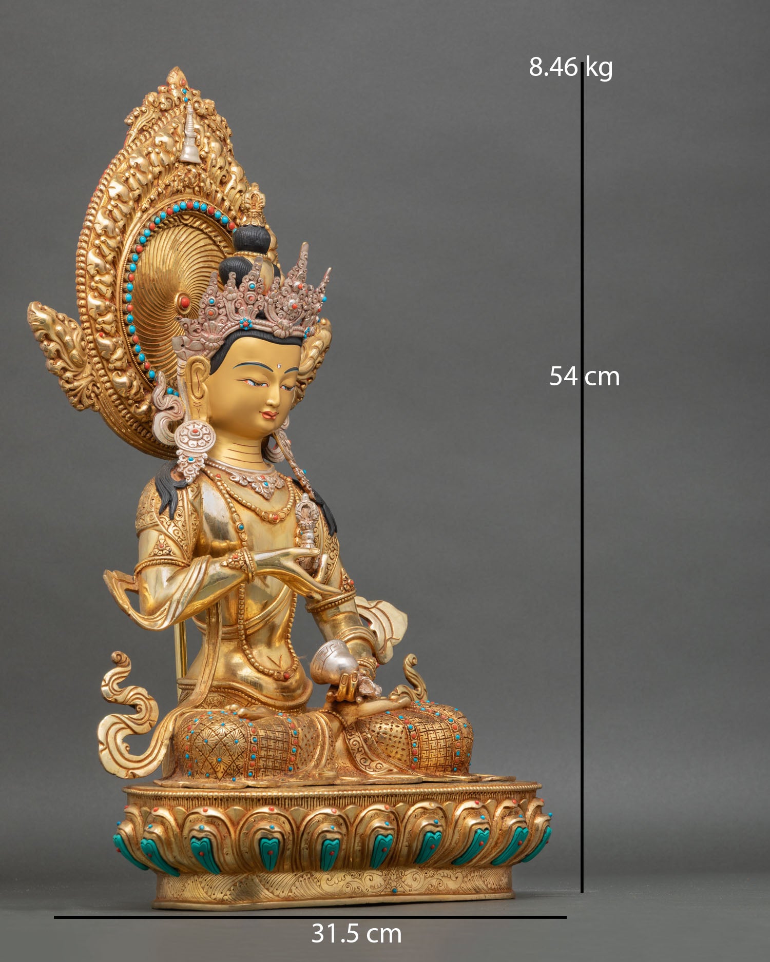 Side view of Vajrasattva statue seated in meditation posture radiant halo behind head symbolizing purification and enlightened awareness