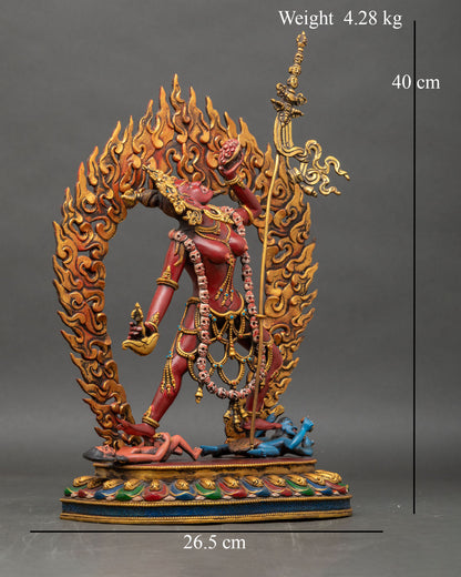 Side view of Vajrayogini Statue holding kartika knife and skull cup meditation tool