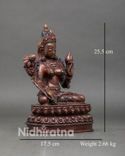 Side view White Tara statue handcrafted oxidized copper meditation altar sacred art