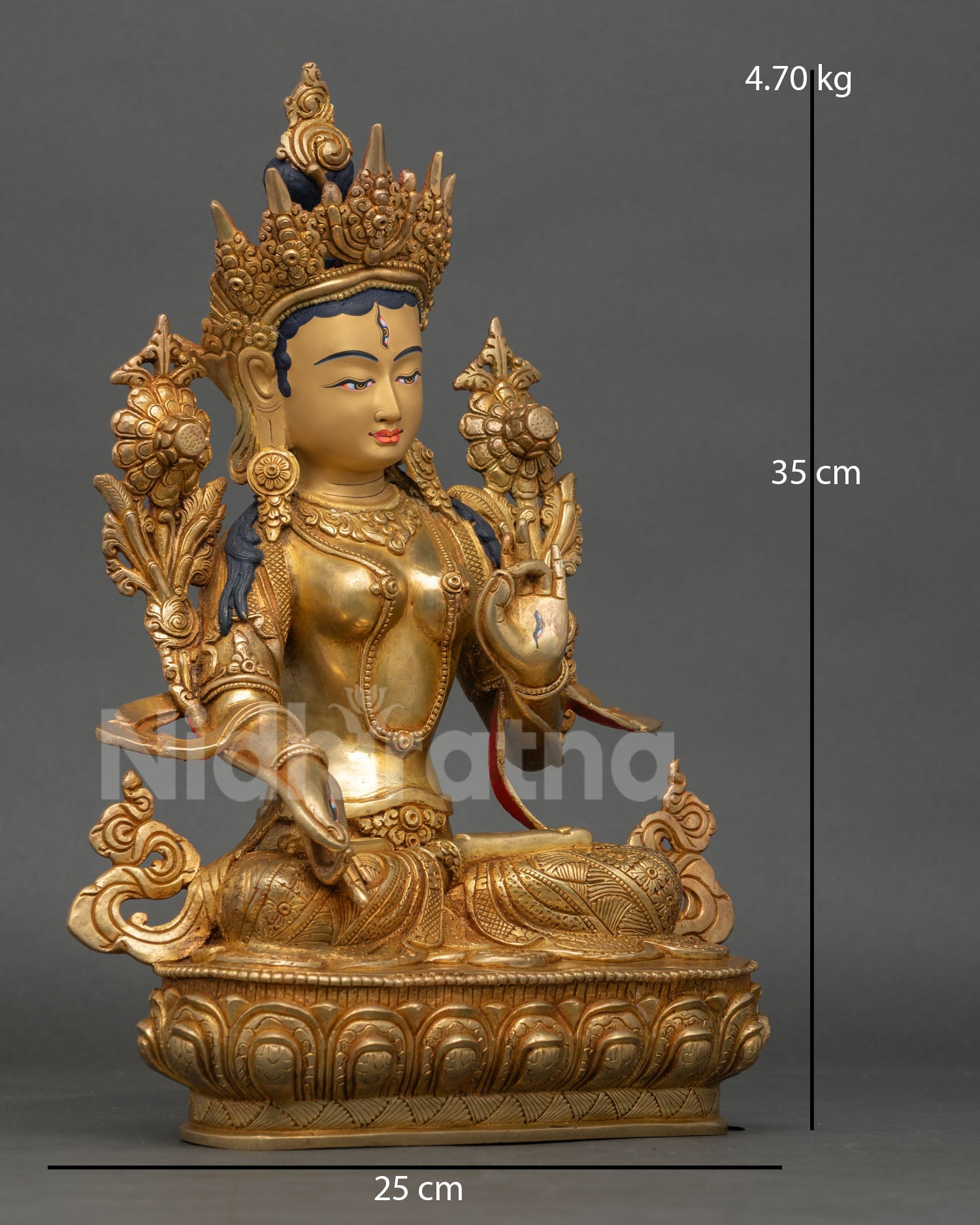 Side view of White Tara Statue, crafted using lost wax casting, Himalayan Buddhist meditation art with copper gilded finish