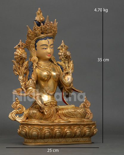 Side view of White Tara Statue, crafted using lost wax casting, Himalayan Buddhist meditation art with copper gilded finish