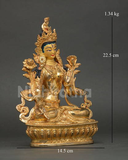 Side View of White Tara Statue, Lotus Posture, Varada Mudra, Sacred Buddhist Sculpture