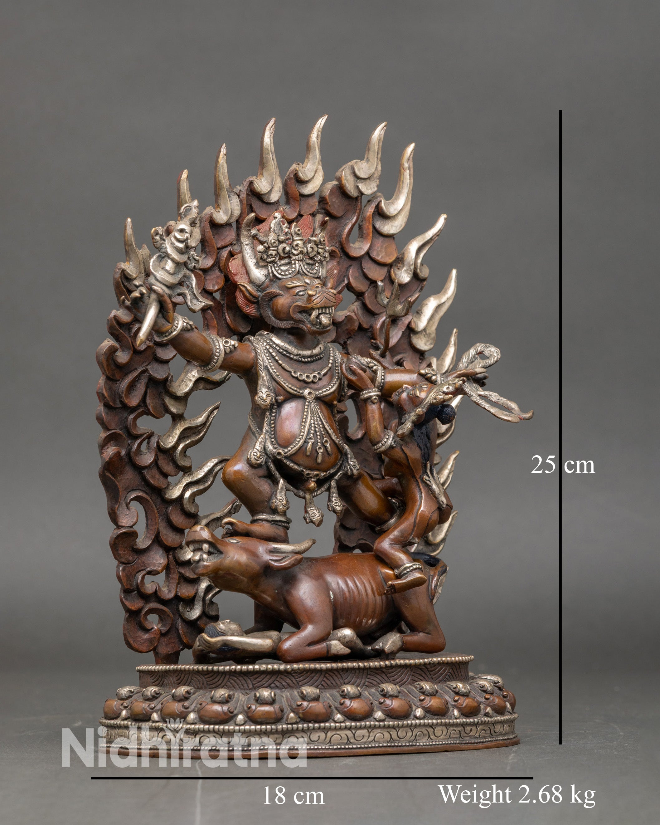 Side view Yamantaka statue buffalo subdued figure intricate silver-plated ornaments