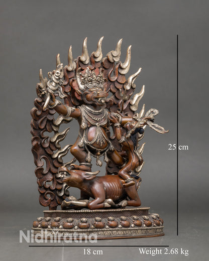 Side view Yamantaka statue buffalo subdued figure intricate silver-plated ornaments