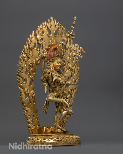 side angle Troma Nagmo Black Wrathful Mother statue with fiery halo and lotus seat
