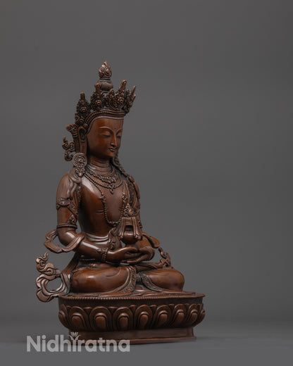 side angle of Amitayus statue showing flowing robes and nectar vase in dhyana mudra