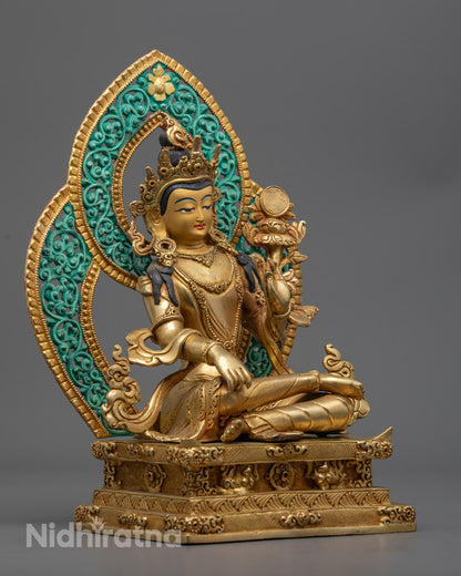 side angle of gold fire-gilded Bodhisattva statue with blessing mudra and ornate halo