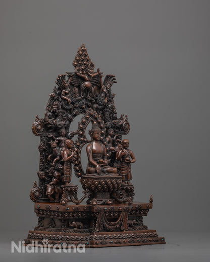 side angle of oxidized copper buddha statue showing disciples and detailed handmade halo