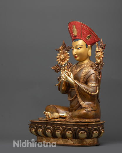 side angle showing monk's robe and intricate carvings on Nyamme Sherab Gyaltsen copper statue