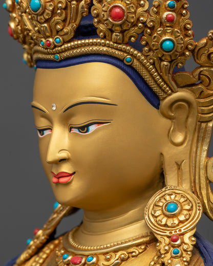 side close up Amitayus face showing peaceful gold-gilded details, sacred Buddha sculpture
